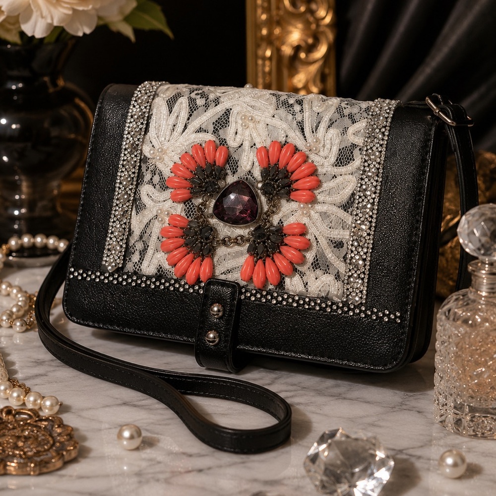 RUBYRUDI Handcrafted Lace Crossbody Bag with Vintage Floral Accent Art To Wear - Picture 3 of 15